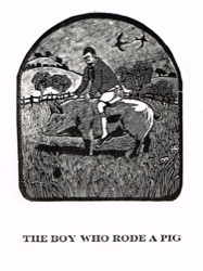 The boy who rode a pig wood engraving by Michael Atkin